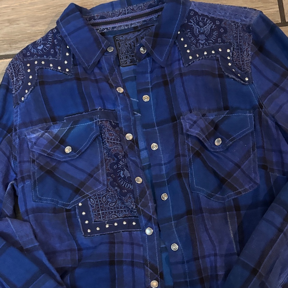 Affliction Blue Plaid Button Down Shirt - Picture 3 of 7